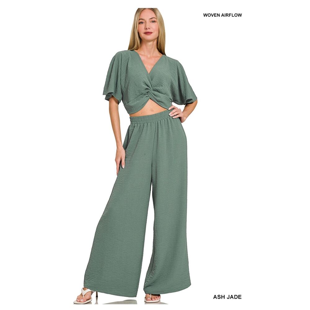 Zenana - Woven Airflow Twisted Top & Wide Leg Pants Set - Medium